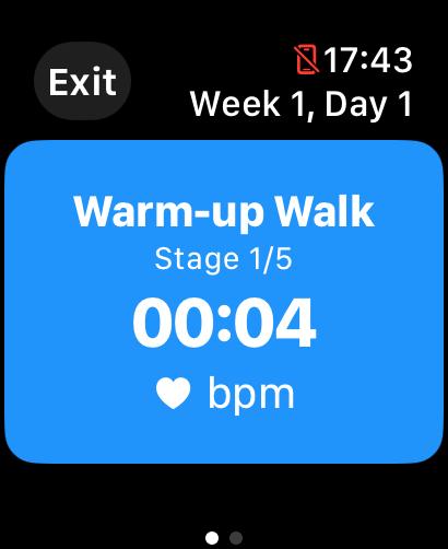 Watch Simply 5K App showing warmup walk