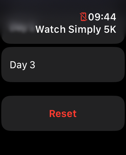 Watch Simply 5K App showing reset button